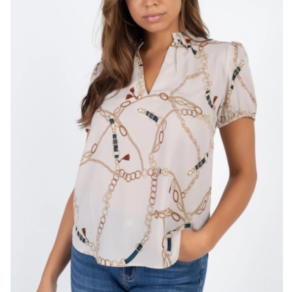 Chain & Tassel Split V-Neck Top